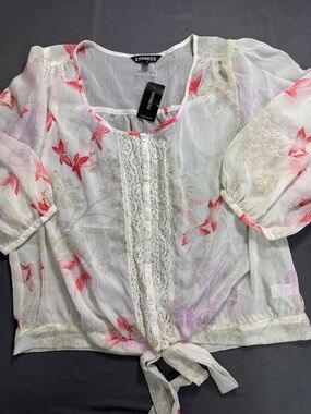 NWT Express White Sheer Floral Tie-Front Blouse with Pink and Lavender Size L
